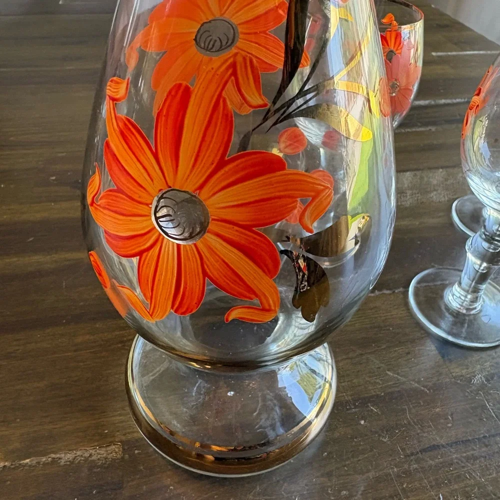 MCM Decanter Set Orange & Gold Gilded Striped Cordial Glass Hand Painted Floral - Picture 9 of 11